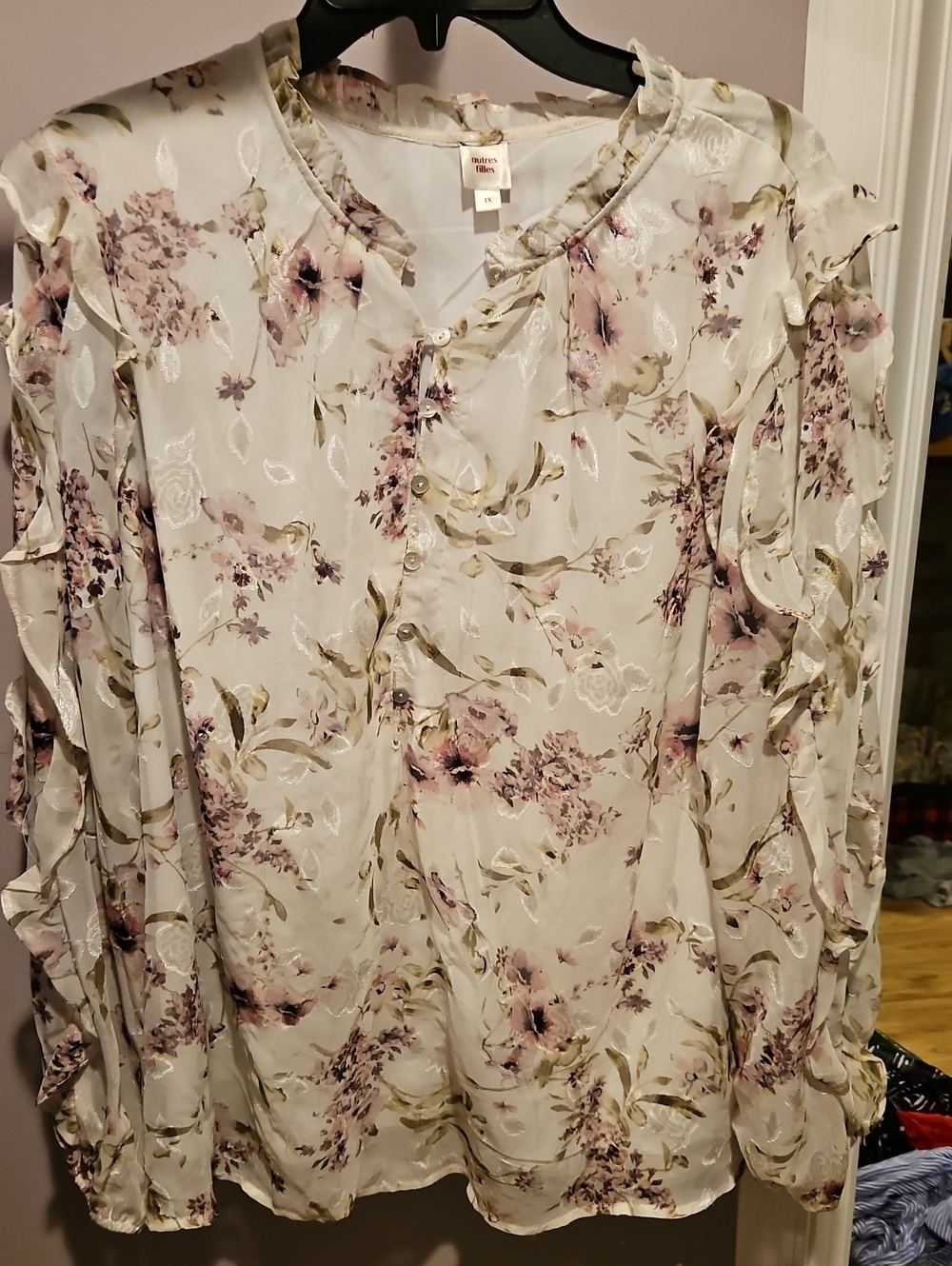 Floral Ruffle V-Neck Blouse in Cream with Pink Accents
